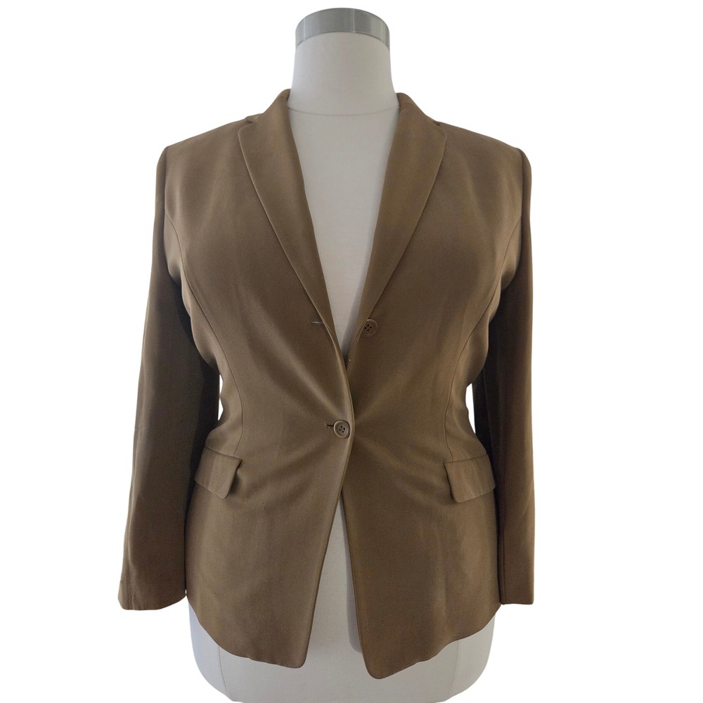 Jones New York 14 Tan Brown 100% Silk Two Button Blazer Jacket Notched Lapel